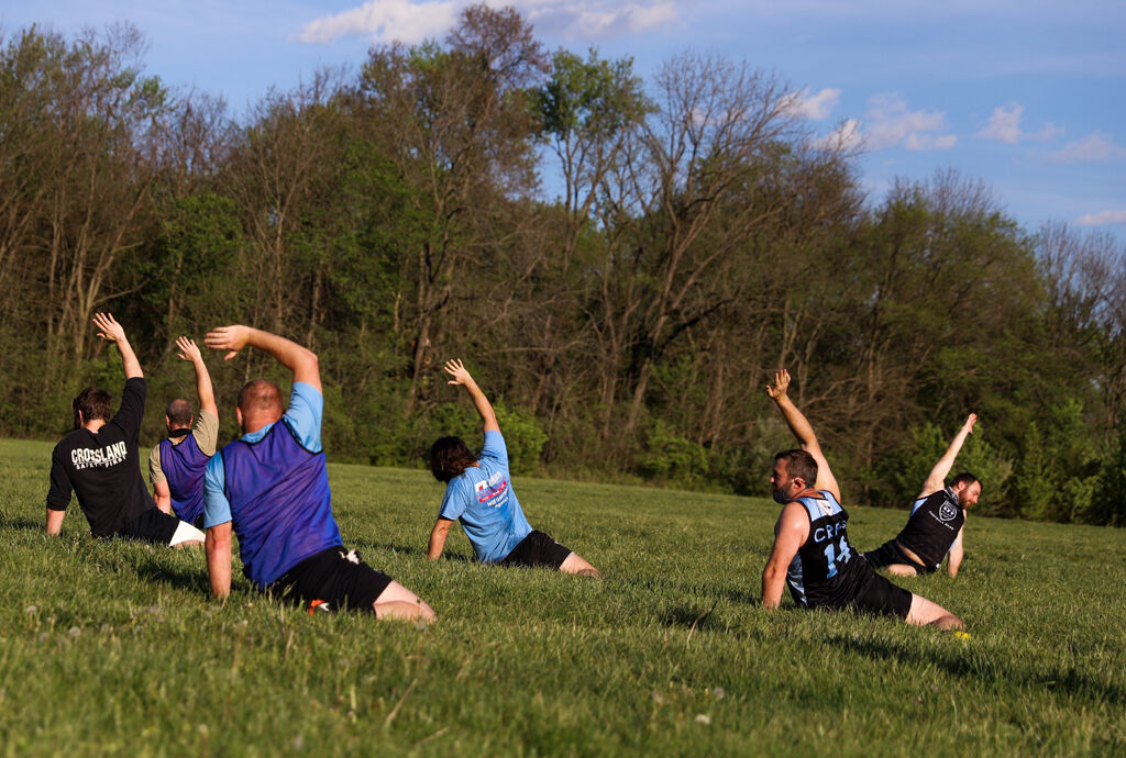 The Columbia Rugby Football Club stretches before practice